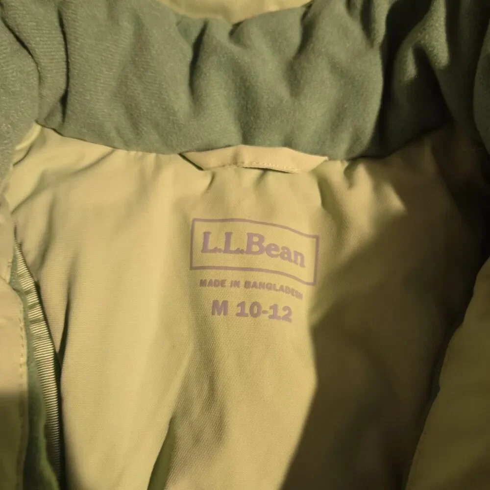 LL Bean Hooded Winter Ski Jacket Green Kids Medium 10-12 Full Zip Pockets